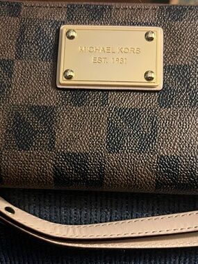 Michael Kors Brown Checkered wristlet Bag with Pale Pink Trim